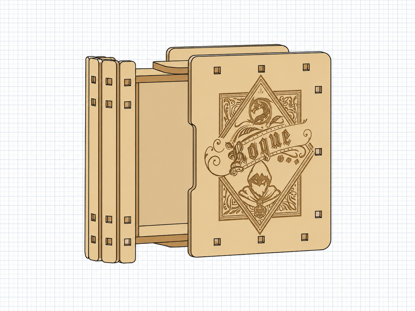 Tiny Book: a birch plywood box shaped like a book, with a ribbed spine, finger-jointed corners and an engraved cover.