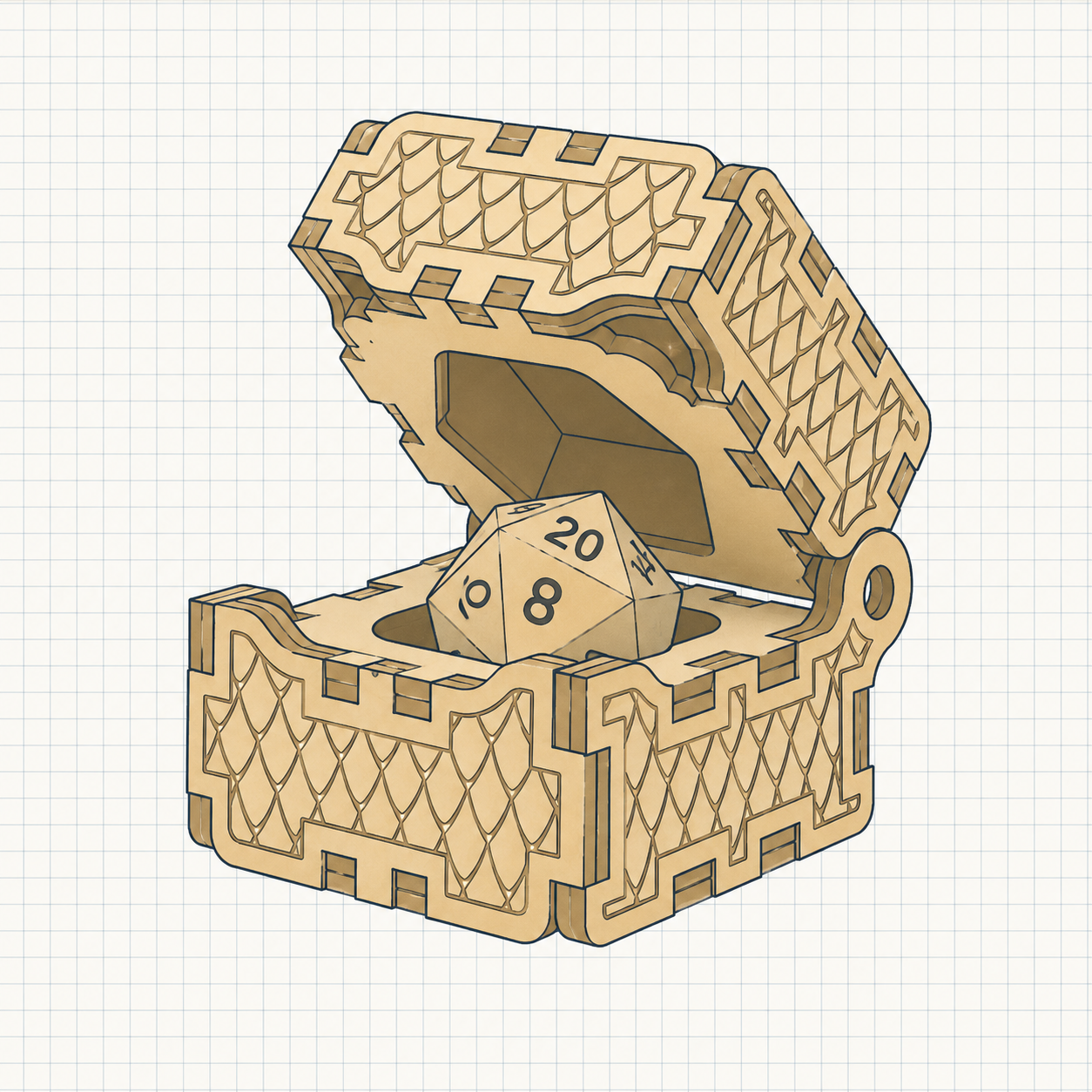 Tiny Chest: a birch plywood dice chest with an engraved dragon-scale pattern, lid open and a d20 inside.