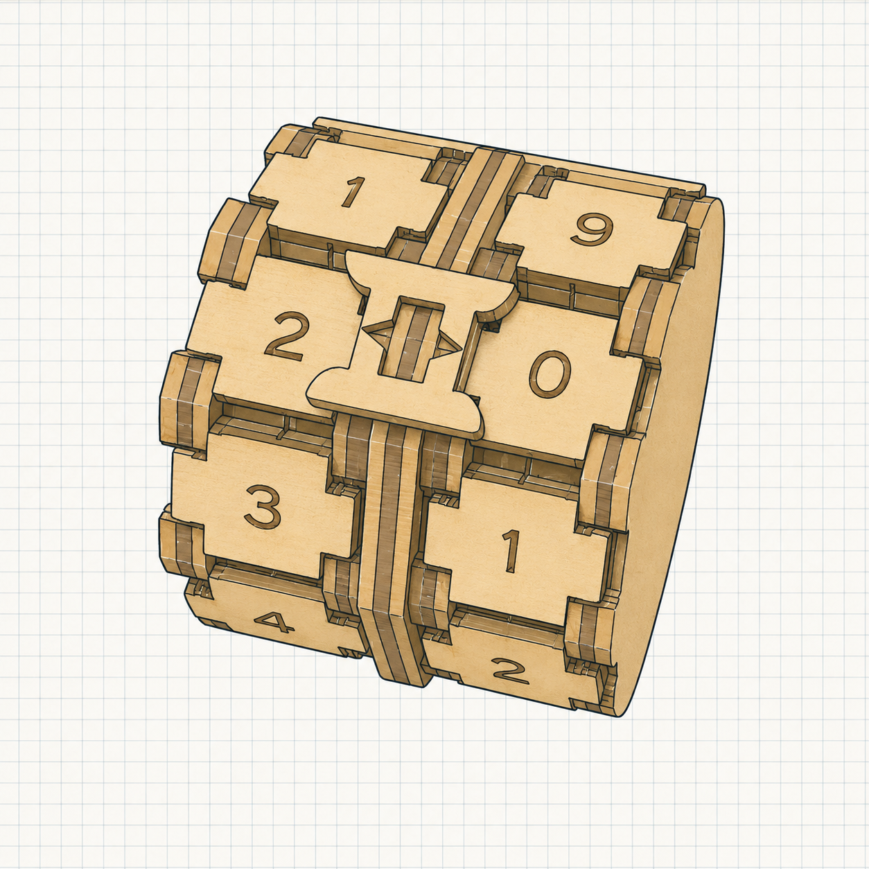 Tiny Counter: a small birch plywood cube with engraved number tiles and a sliding indicator bar.